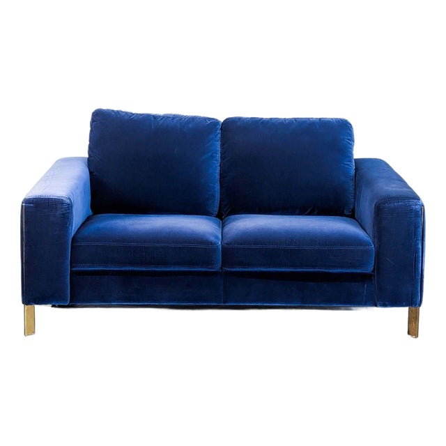 Jason Furniture Modern Blue Velvet Loveseat With Gold Legs For Sale