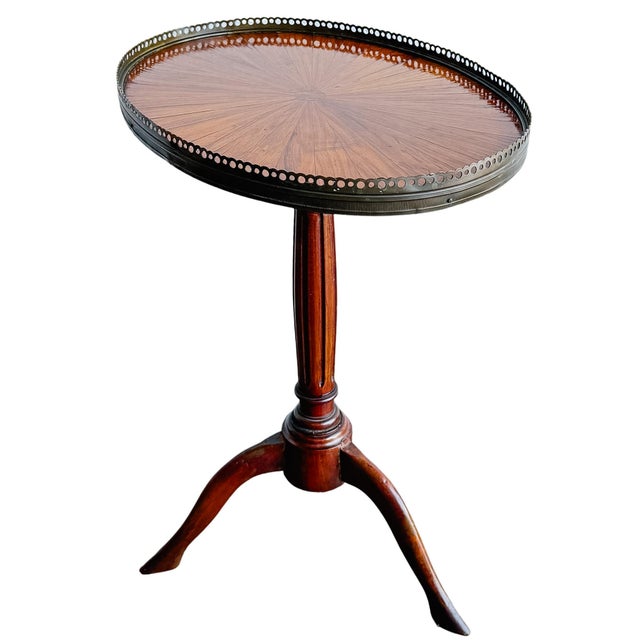 French Antique French Neoclassical Mahogany Sunburst Inlaid Oval Side Table With Pierced Brass Gallery, Circa 1900 For Sale - Image 3 of 14