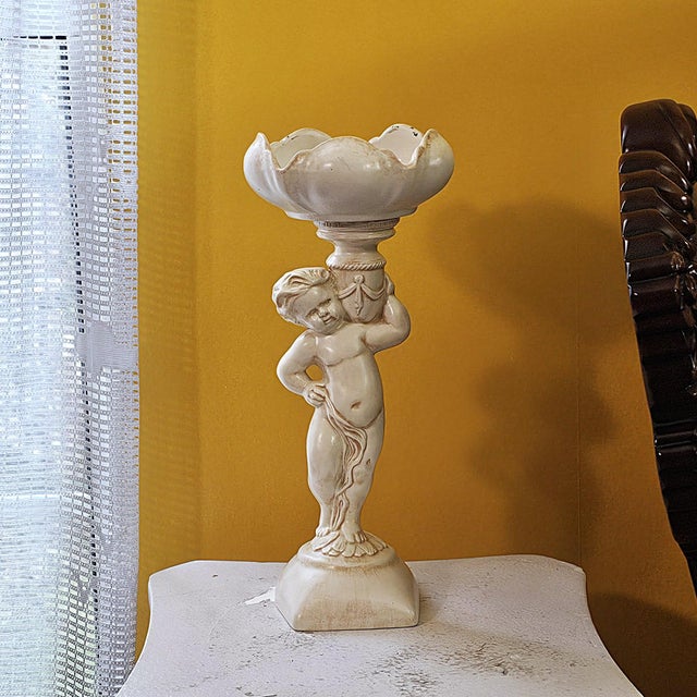 Ivory 1960s Arnel’s Ceramic Cherub Pedestal Compote Bowl, Canby Oregon For Sale - Image 8 of 18