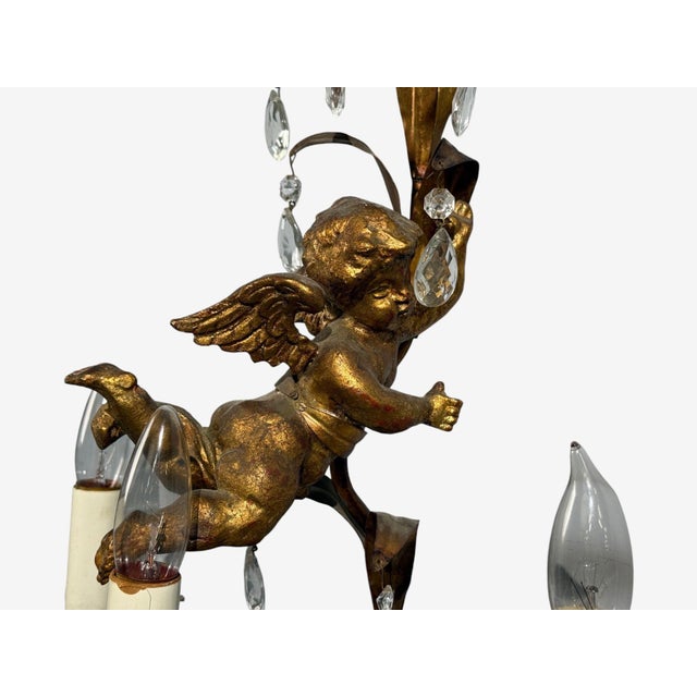 Metal 1950sFrench Marie Therese Style, Cherub Wall Sconces, Gilt-Brass, Crystal - a Pair For Sale - Image 7 of 12