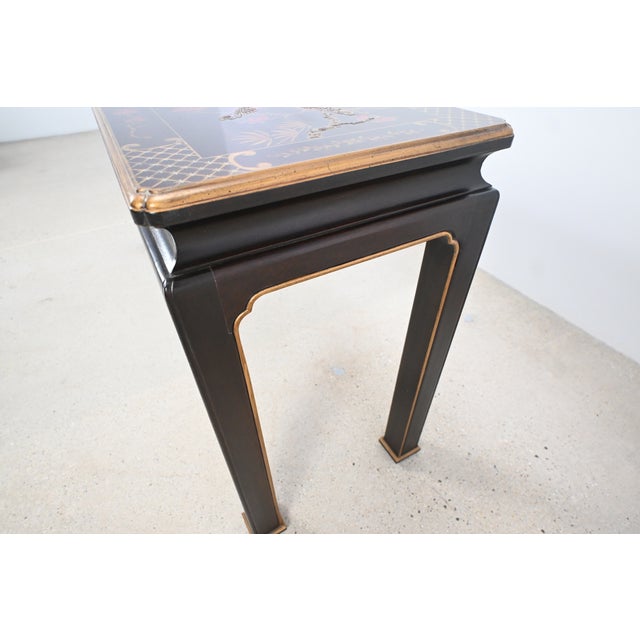 Wood Henredon Hollywood Regency Chinoiserie Console Table With Hand-Painted Bird Motif For Sale - Image 7 of 9