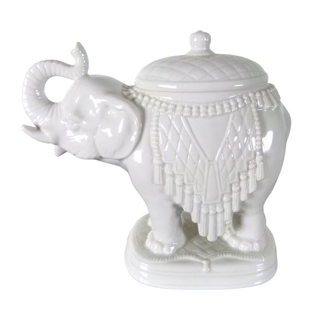 Ceramic Vintage Andrea by Sadek White Porcelain Elephant Candy Dish | Elephant Lidded Trinket Box | Made in Japan | Foil Sticker For Sale - Image 7 of 16