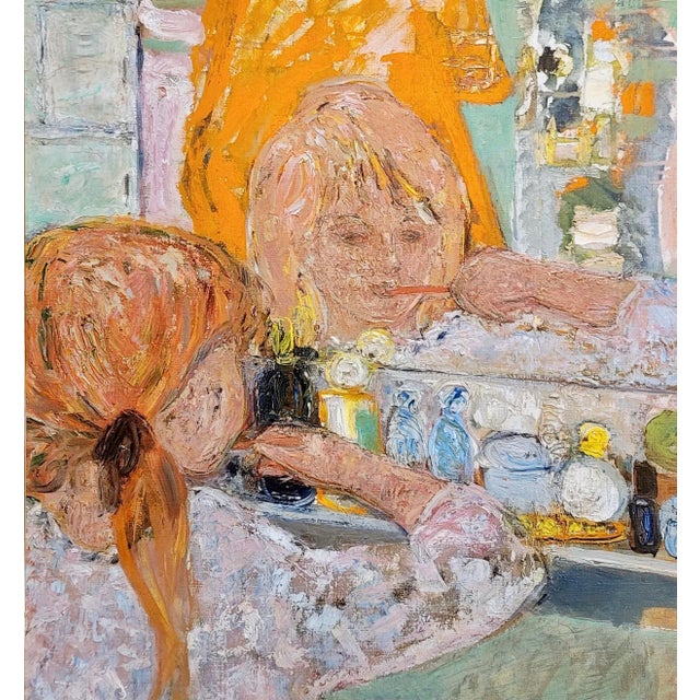 Post Impressionist Helene Girod De l'Ain - Little Blond Girl Brushing Her Teeth -Oil Painting C.1950s For Sale - Image 3 of 10
