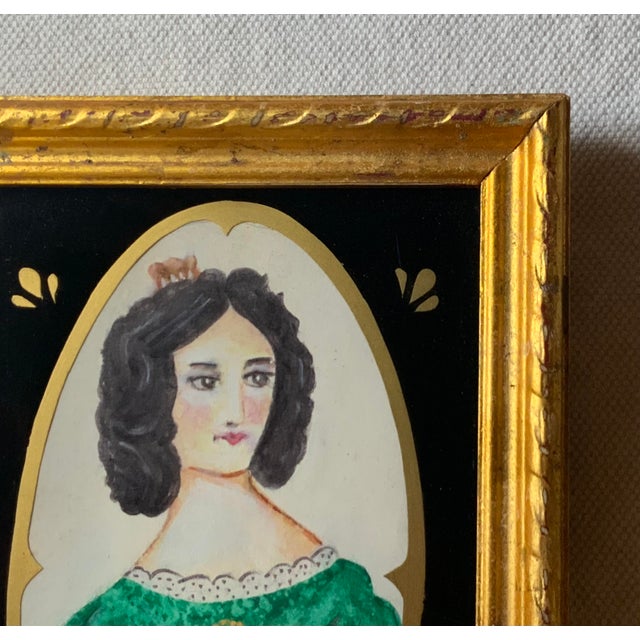 American Folk Art Portrait, Lady in Emerald Green Dress, Gouache on Paper, Original Gilded Frame, Boston Estate, Circa 1920s For Sale - Image 11 of 15