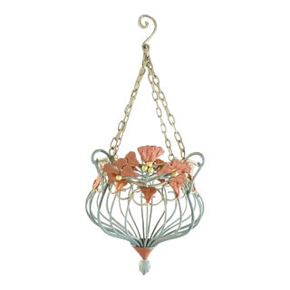 1940s French Country Boho Chic Coastal Hanging Wrought Iron Planter, Newly Painted. For Sale