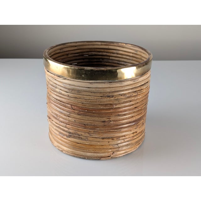 Mid-Century Modern Italian Planter in Pencil Reed Rattan and Brass, 1970s For Sale - Image 4 of 9