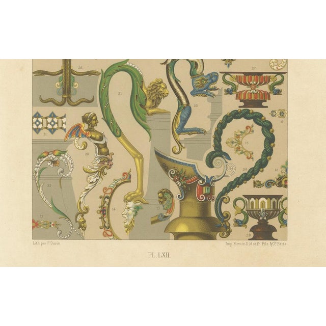 This vibrant chromolithograph, plate lxii from l’ornement polychrome (paris, c.1869), presents a remarkable array of...