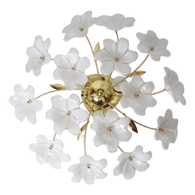 Ceiling Lamp with White Murano Glass Flowers by Hosel, 1980s For Sale