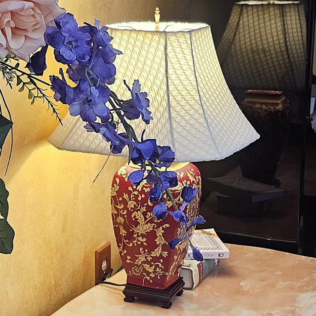 Burgundy Vintage Chinoiserie Style Porcelain Table Lamp With Hand-Painted Floral Motif For Sale - Image 8 of 18
