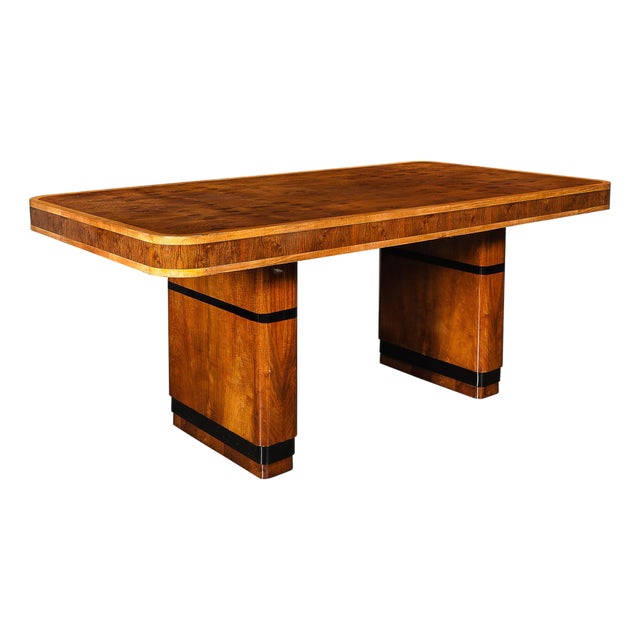 Art Deco Streamlined Book-Matched & Burled Walnut W/ Black Lacquer Dining Table For Sale