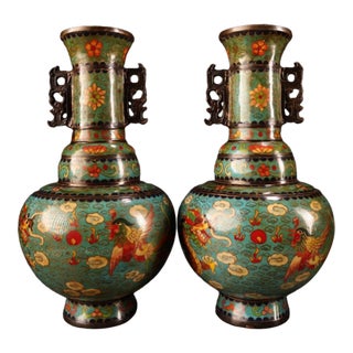 Pair of Vintage Cloisonne Enamel Vases – 11.8" Dragon & Phoenix Bottle Vases For Sale