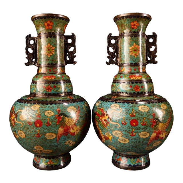 Pair of Vintage Cloisonne Enamel Vases – 11.8" Dragon & Phoenix Bottle Vases For Sale