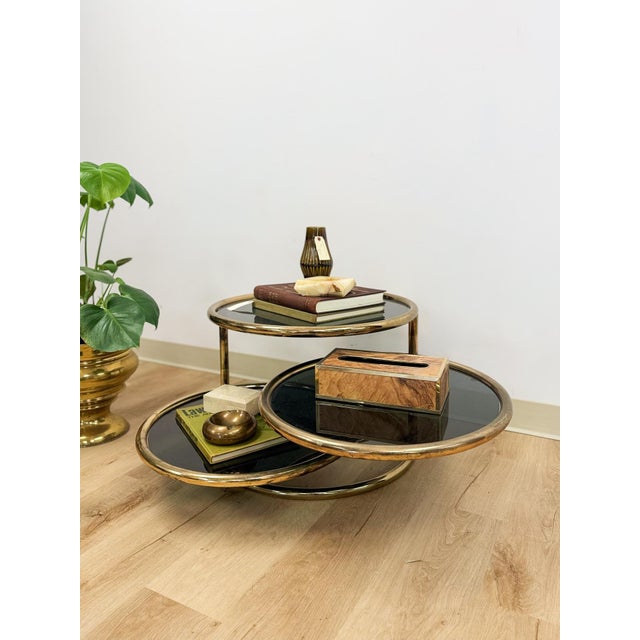 Gold Milo Baughman Style Tubular Chrome Swivel Coffee Table Smokey Glass MCM For Sale - Image 8 of 13