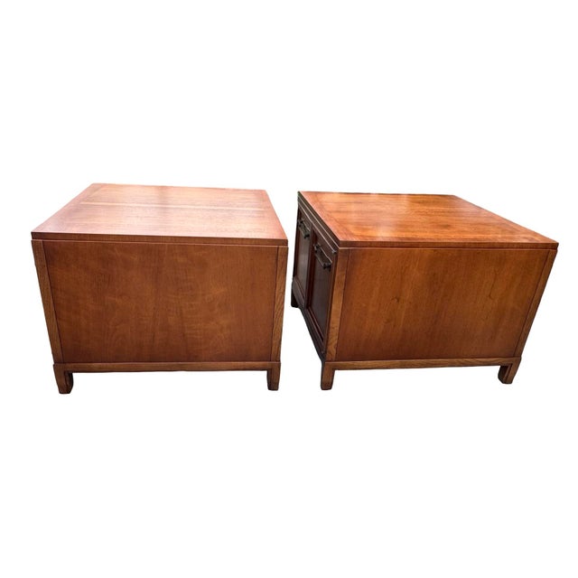 Late 20th Century Vintage Asian Modern Walnut Storage End Tables With Brass Hardware – Pair For Sale - Image 5 of 8