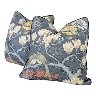 Gp & J Baker Hydrangea Bird Pillows With Navy Cord - Set of 2 For Sale