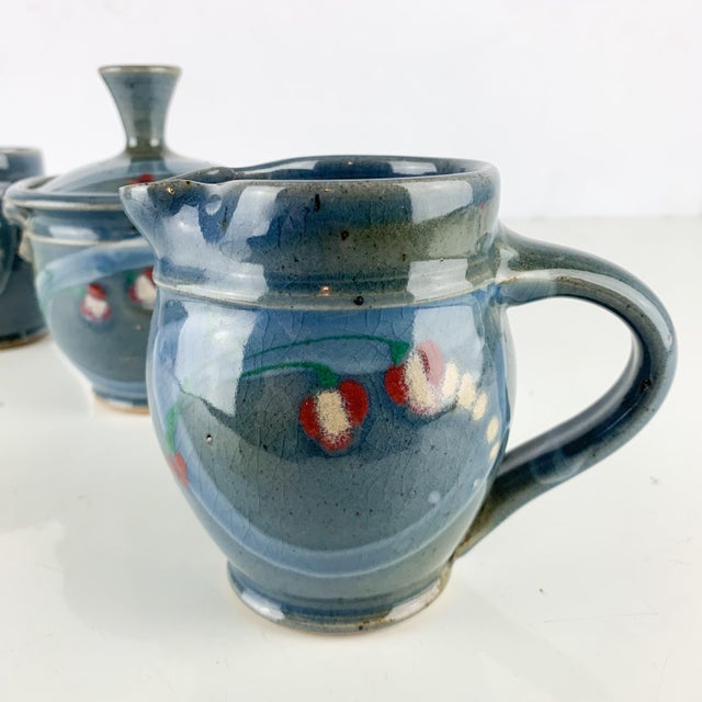 Vintage Abstract Studio Pottery Mug Sugar / Honey Creamer Set Signed Blue Green For Sale - Image 4 of 12