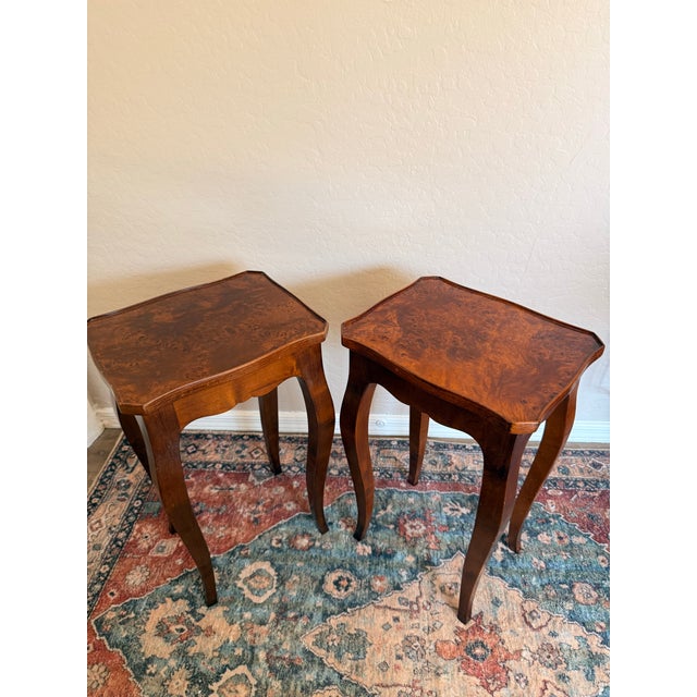 Pair of Vintage Italian Burl Wood End Tables | Made in Italy Rococo Style Accent Tables For Sale In Phoenix - Image 6 of 12