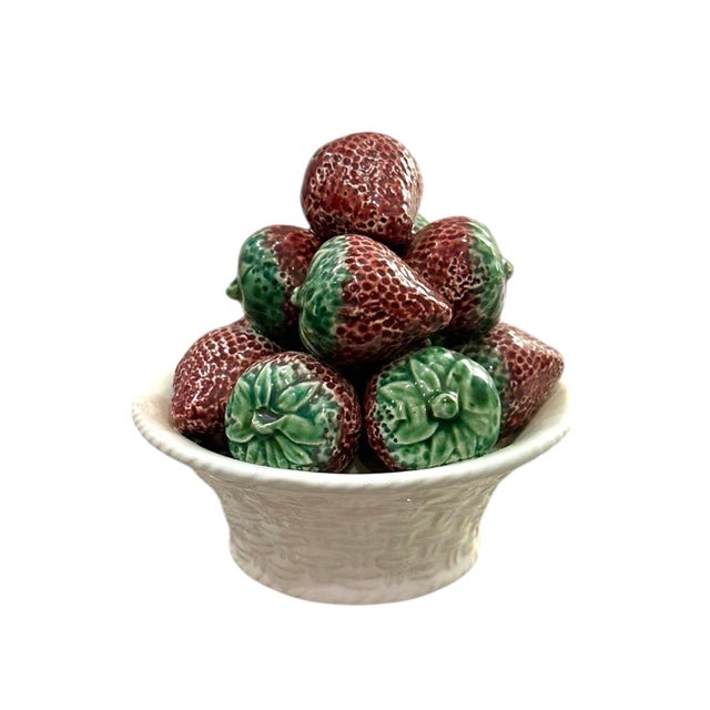 A charming, vintage, majolica, topiary centerpiece. Features a grouping of hand painted strawberries in a white basket...
