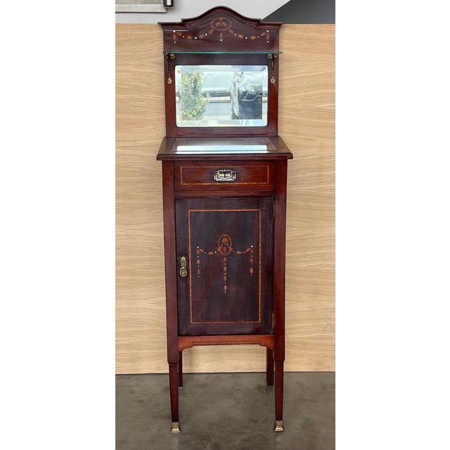 1900s, Art Nouveau Pair of Walnut Nightstands with Crest and Glass Shelve For Sale - Image 16 of 18