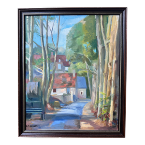 1990s Signed French Oil on Canvas Village Street Scene – Loire Valley, France – 22” × 26.5”, Framed