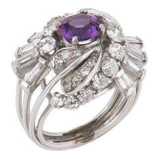 Mid Century Amethyst Diamond Platinum Cocktail Ring, Size 5 For Sale