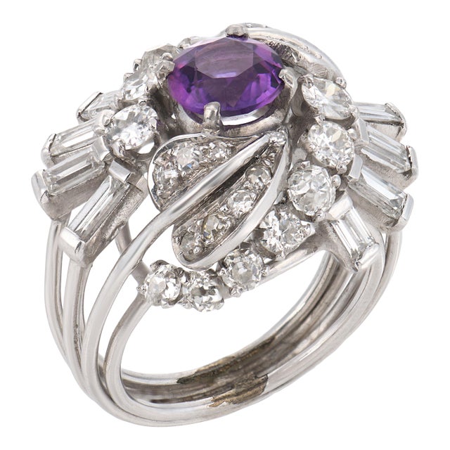 Mid Century Amethyst Diamond Platinum Cocktail Ring, Size 5 For Sale