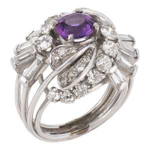 Mid Century Amethyst Diamond Platinum Cocktail Ring, Size 5