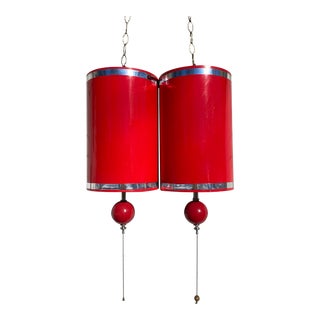 1970s Glossy Red Hanging Swag Lights - a Pair For Sale