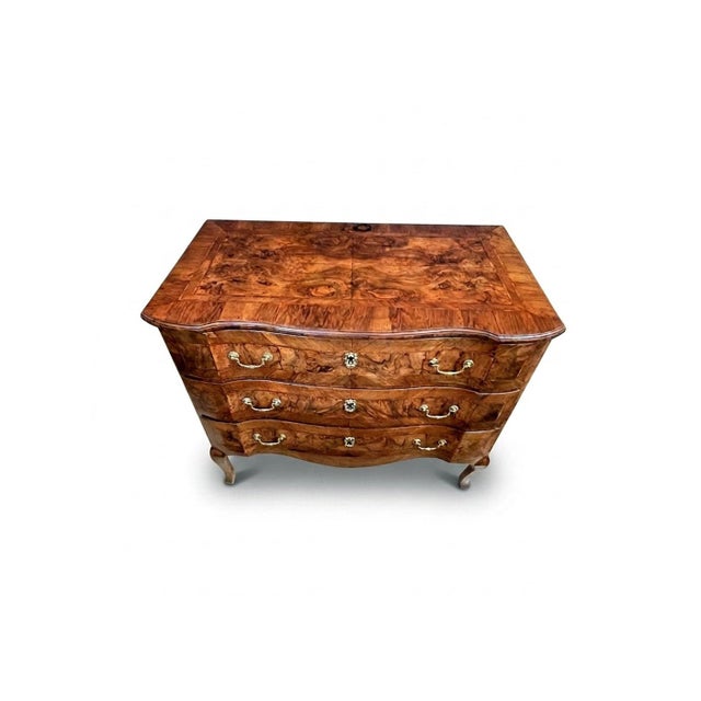 Continental Rococo Style Burl Walnut Arbalète-Form 3-Drawer Commode For Sale - Image 4 of 9