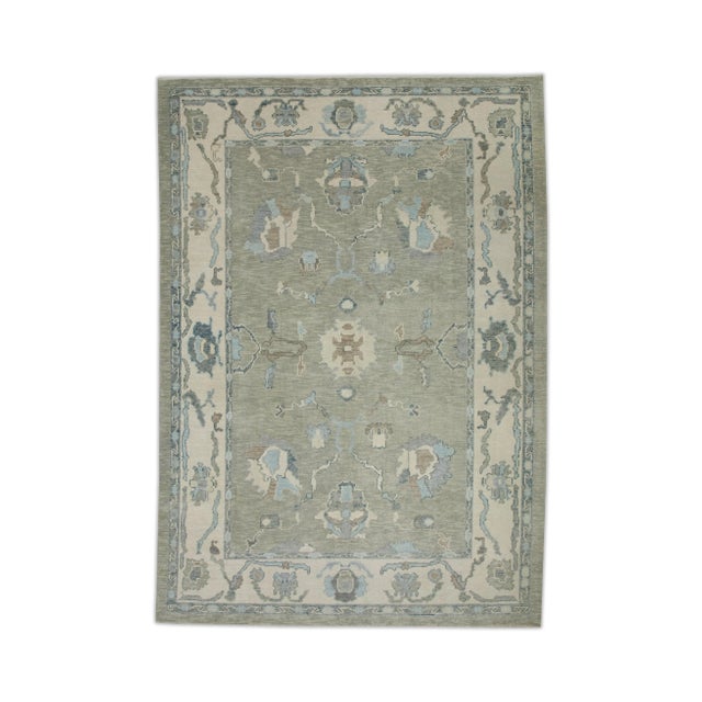 Green Early 21st Century Green Floral Design Handwoven Wool Turkish Oushak Rug 6'3" X 8'11" For Sale - Image 8 of 8