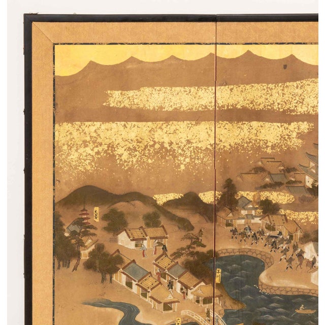 Japanese Village Landscape Scene Byobu Screen, 19th Century For Sale - Image 4 of 13