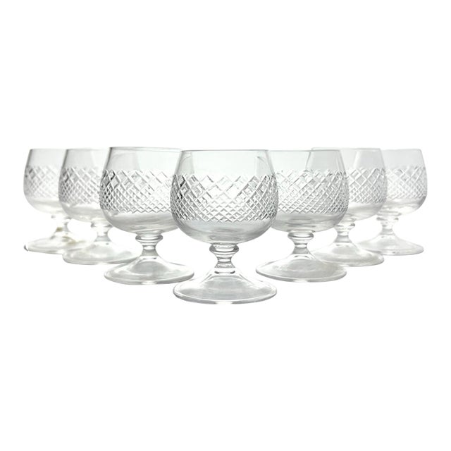 1950s AmericanMini Brandy Snifter Cognac Glasses, Criss-Cross Cuts - Set of 7 For Sale