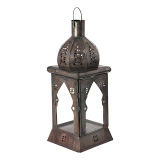 Moroccan Square Tole and Clear Glass Candle Lantern For Sale