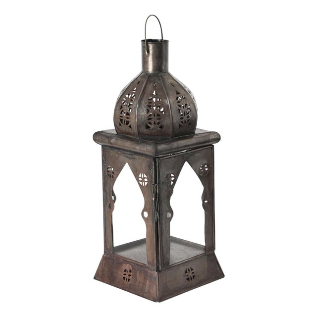 Moroccan Square Tole and Clear Glass Candle Lantern For Sale
