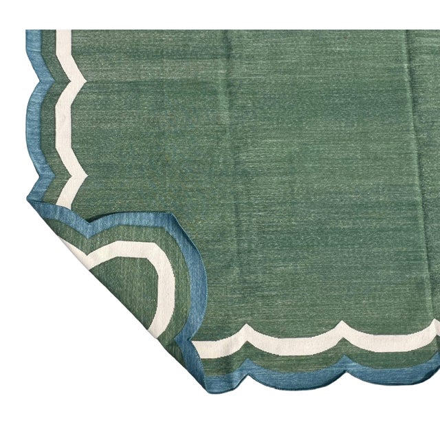 Handmade Cotton Flat Weave Area Rug, Forest Green, Cream and Teal Blue Scalloped Dhurrie - 8'x10' For Sale - Image 12 of 14