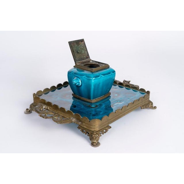Gilded Bronze and Turquoise Enameled Earthenware Inkstand by Theodore Deck For Sale - Image 6 of 10