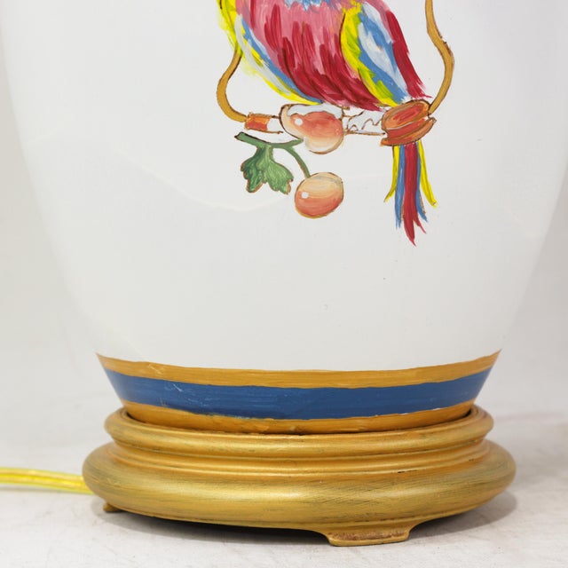 Vintage Hand-Painted Ceramic Table Lamps With Chinoiserie Parrots and Cherry Motif - a Pair For Sale - Image 10 of 14
