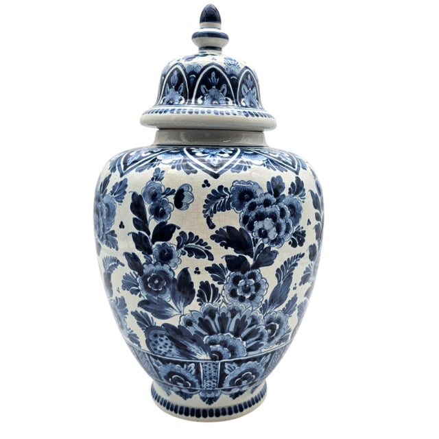 Mid 20th Century Hand Painted Oud Delft Blue White Lidded Ginger Jar Vase 14.5" Hand Painted Dutch Faience For Sale - Image 5 of 13