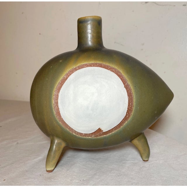 Green Antique Signed Japanese 3 Piece Studio Art Green Pottery Footed Vase Bowl Set For Sale - Image 8 of 18