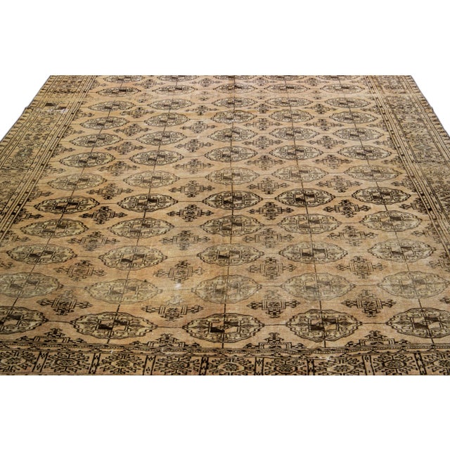 Shabby Chic Antique Turkmen Handmade Geometric Pattern Beige Wool Rug For Sale - Image 3 of 11