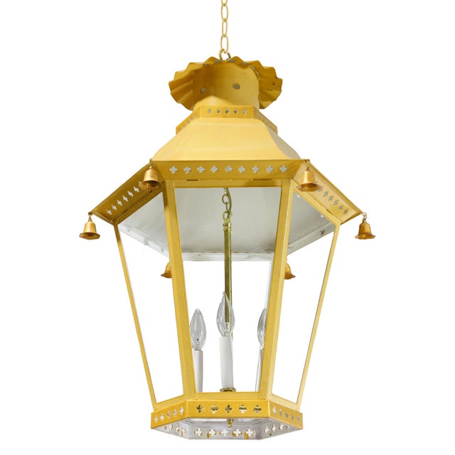 Metal Vintage Chinoiserie Yellow Tole Hanging Lantern Chandelier With Brass Bells For Sale - Image 7 of 13