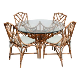 4 Vintage Rattan Style Side Chairs, Cane Seats With Green/White Cushions For Sale