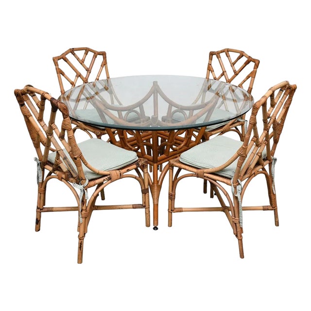 4 Vintage Rattan Style Side Chairs, Cane Seats With Green/White Cushions For Sale