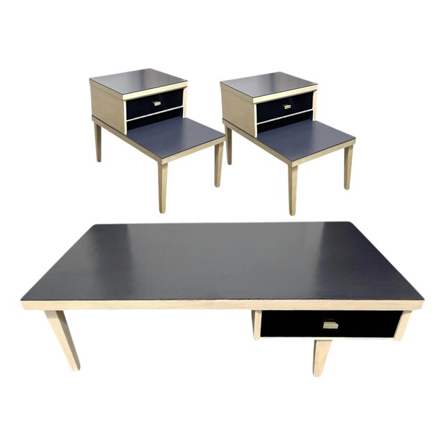 1930s Art Deco Style Bakelite Coffee Table and Matching End Tables in Navy and Light Raw Wood - Set of 3 For Sale