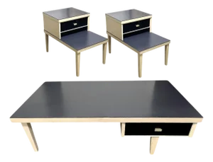 1930s Art Deco Style Bakelite Coffee Table and Matching End Tables in Navy and Light Raw Wood - Set of 3