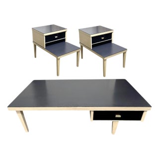McM/Retro Coffee Table and Matching End Tables in Navy and Light Raw Wood - Set of 3 For Sale