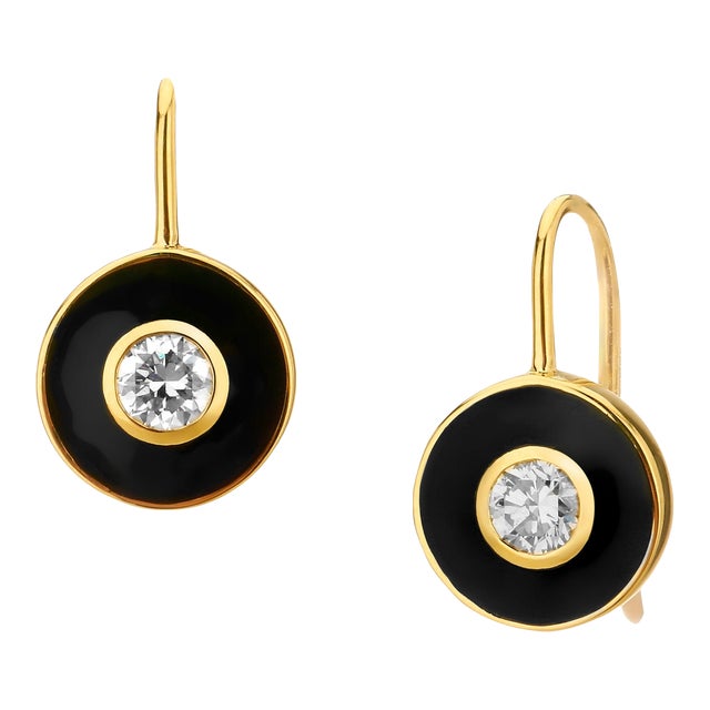 Syna Yellow Gold Diamond Black Enamel Disc Earrings, a Pair For Sale