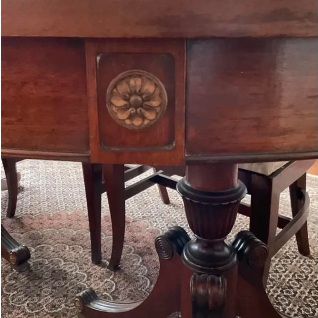 Northern Furniture Co. Vintage Mahogany Double Pedestal Dining Table With 6 Shield-Back Chairs & 4 Leaves For Sale - Image 11 of 12