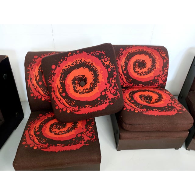 Italian Brown Lounge Chairs with Orange Red Spiral Motifs, 1970s, Set of 4 For Sale - Image 11 of 15