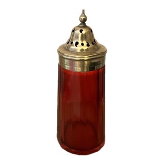 Antique Cranberry Glass Muffineer/Sugar Shaker With Gold Washed Silverplate Top For Sale